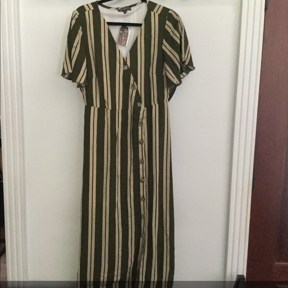 Olive Green Striped Button Wrap Dress